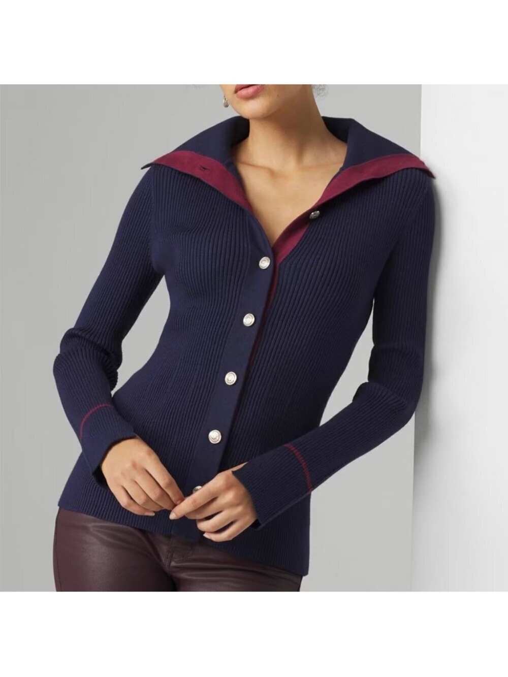 WHBM Navy Maroon Button Front Nautical Sweater Cardigan